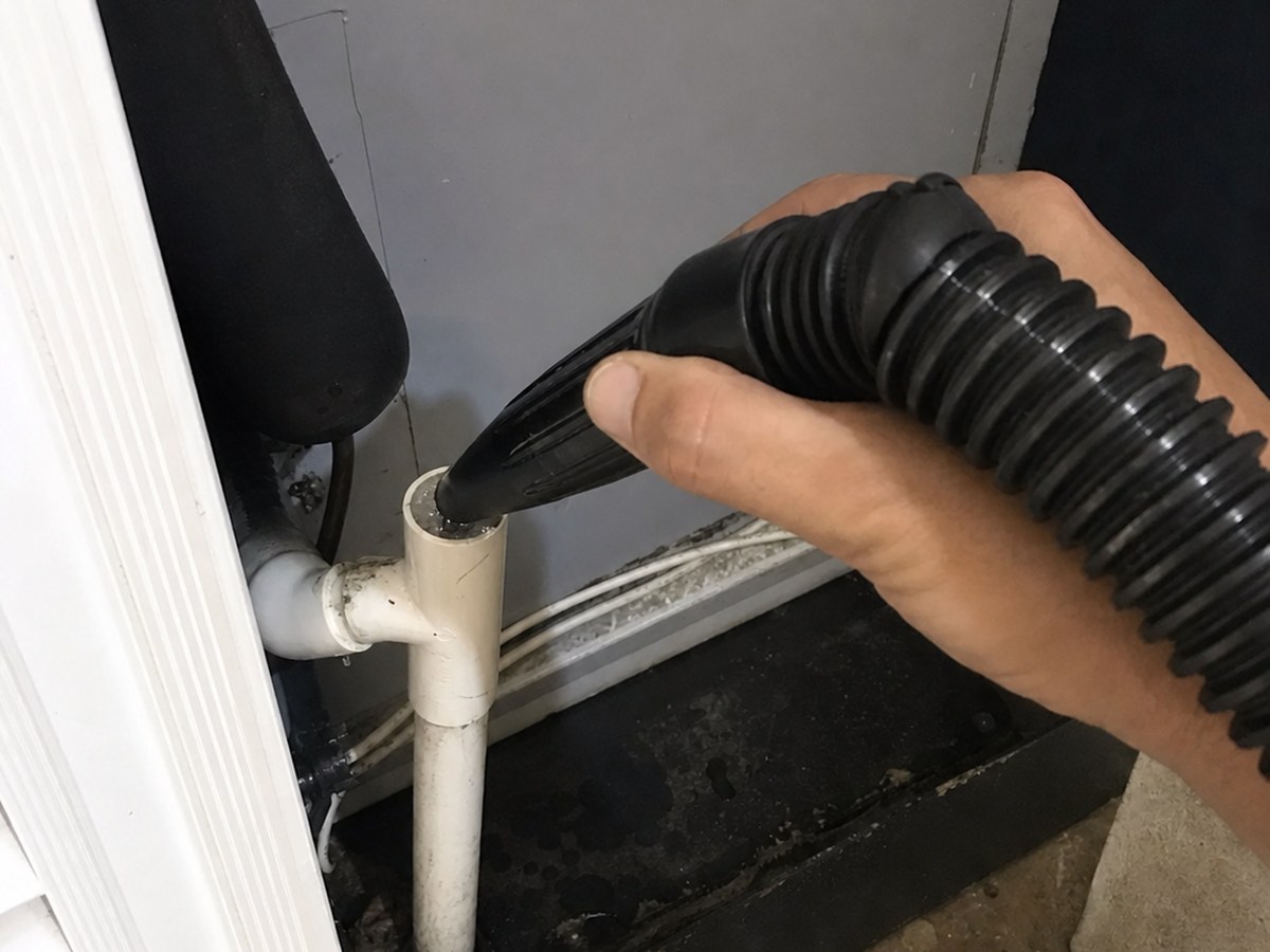 Flushing a clogged AC condensate drain line